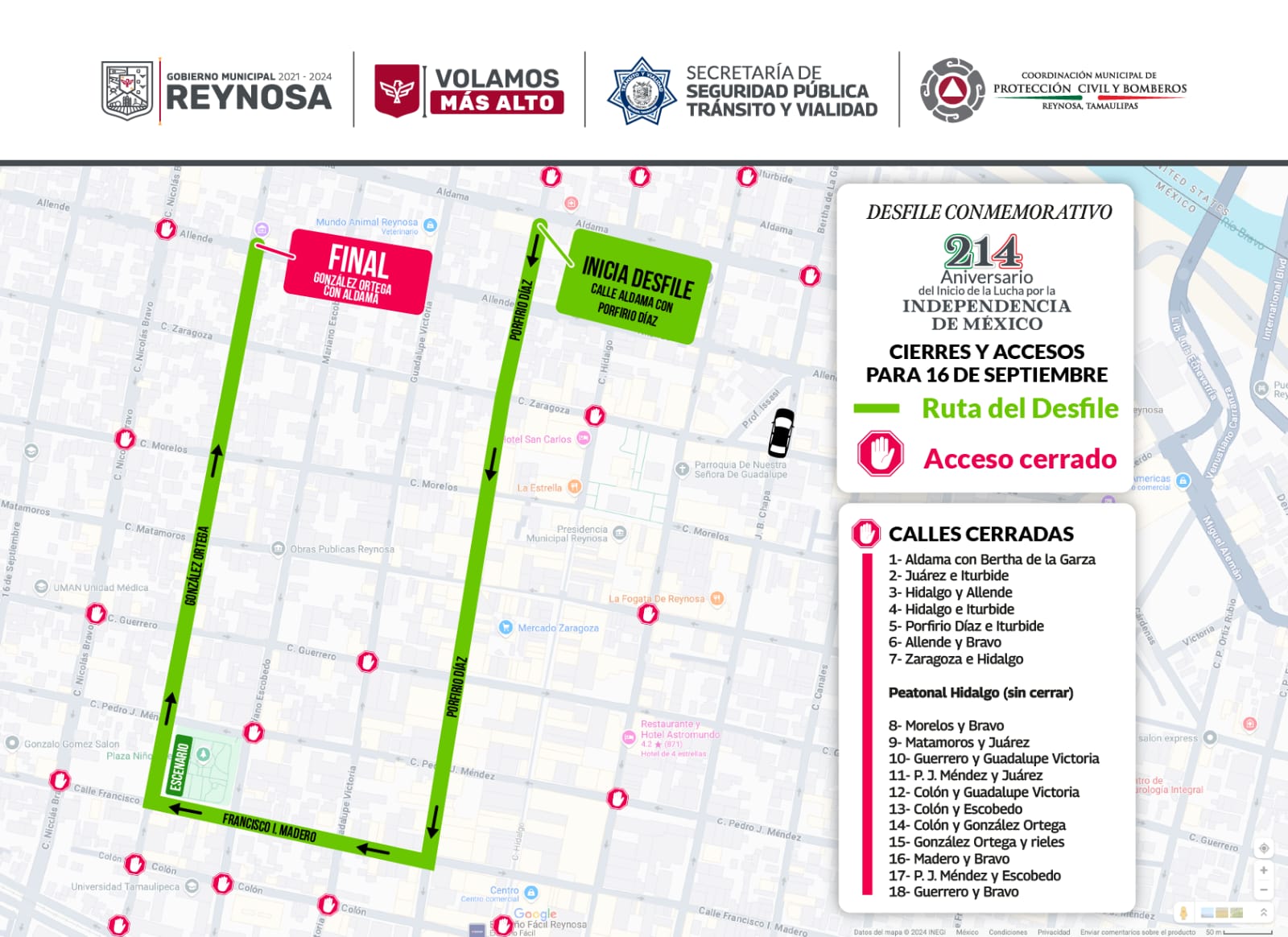 Cerrarán calles de la Zona Centro de Reynosa por Desfile